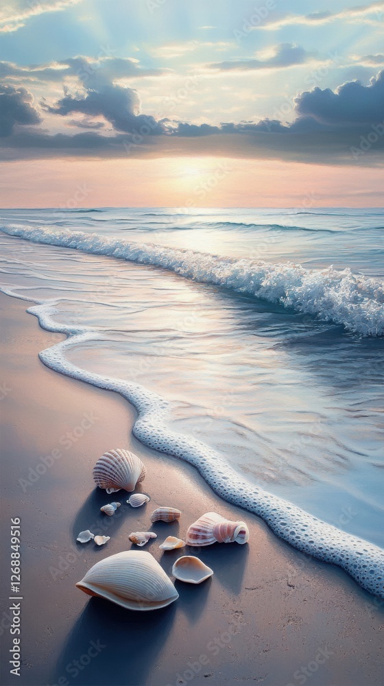 Poster Serene beach with gentle waves and seashells at sunset creating a tranquil atmosphere