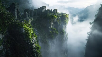 Fototapeta premium Ancient Ruins Perched High On A Misty Mountain Cliff