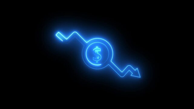 Money loss. Cash with down neon arrow stocks graph, concept of financial crisis, market fall. Money, profit, investment, economy, finance and demotion business concept Animation on black background