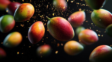 Flying mangoes on a dark background – a dynamic composition with fruits hovering in the air, creating an effect of movement and freshness..