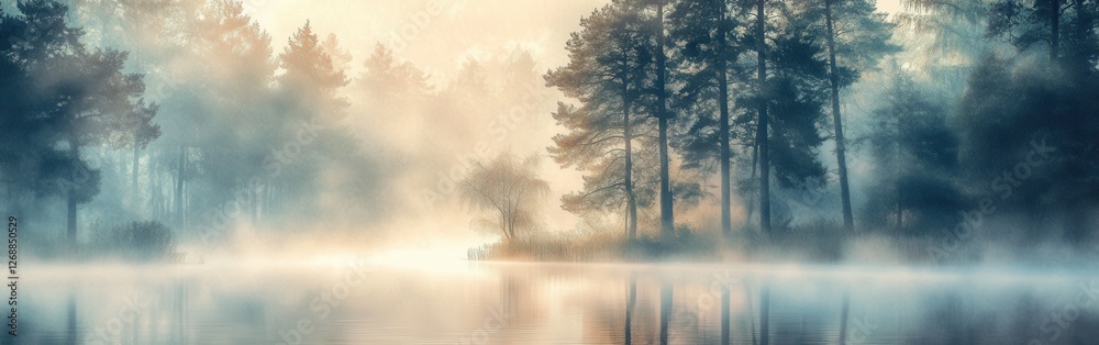 Aufkleber misty morning in a serene forest along a tranquil lake with soft sunlight filtering through the tree