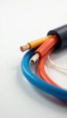 Close-up of coiled electrical cable, white background, detail, technology