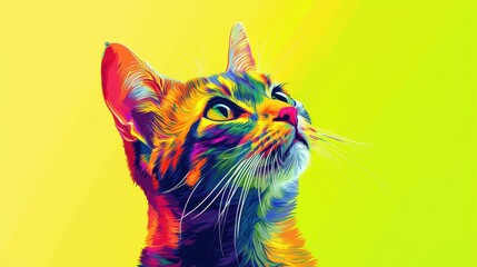 Colorful illustration of a cat looking upwards against a green background