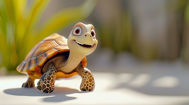 A smiling cartoon turtle with a patterned shell, crawling on a pristine white surface.