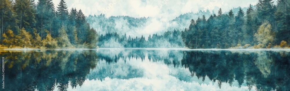 Aufkleber serene lake surrounded by lush forests under a hazy sky reflecting on calm water