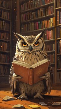 A wise owl intently reads a book in library