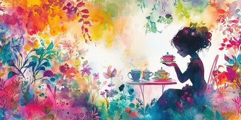 Silhouette of woman having tea party amid colorful garden
