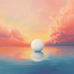 A serene landscape featuring a calm sea reflecting a stunning sunset, with a solitary sphere symbolizing peace and harmony, surrounded by colorful clouds and tranquil waters.