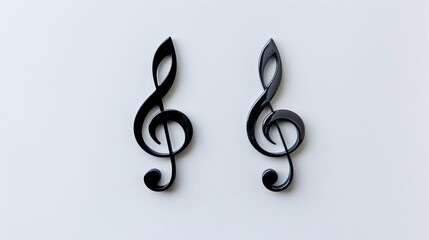 Fototapeta premium A symmetrical arrangement of treble and bass clef symbols faces each other on a clean white background. The HD image captures the harmonious balance between the two notations.