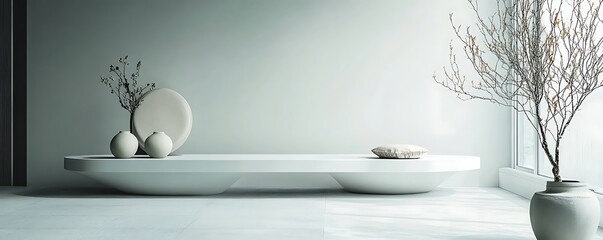 A serene interior featuring minimalist design elements. Soft colors, clean lines, and natural decor create a calming atmosphere, perfect for relaxation or meditation.