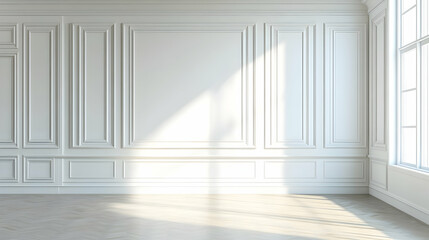 Sunlit empty room, white walls, wood floor, interior design