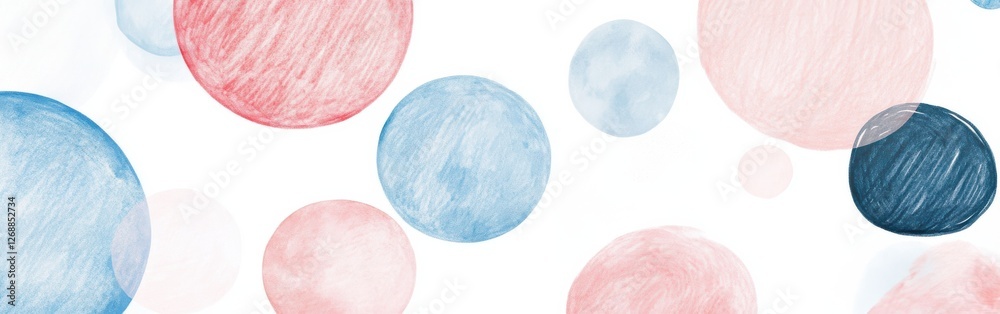 Poster soft pencil strokes create colorful circles in blue and pink on a white background, showcasing playf