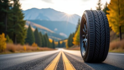 All-season tires, Mountainous road clear forest setting tire on asphalt photorealistic.