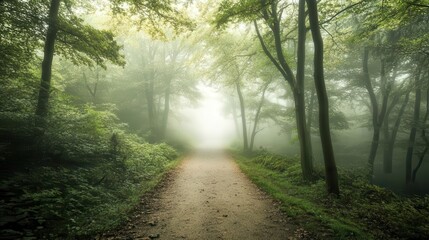 Obraz premium Forest background image showing a misty forest path leading into the distance, surrounded by tall trees and lush foliage