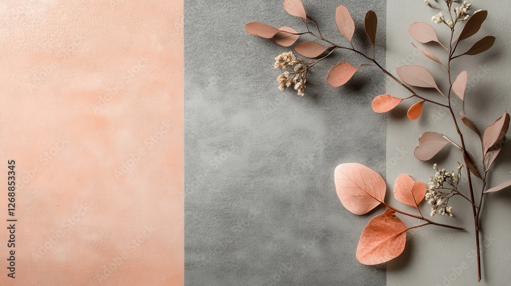 Aufkleber soft pastel peach and gray contrasts with delicate foliage creating a calming aesthetic for home dec