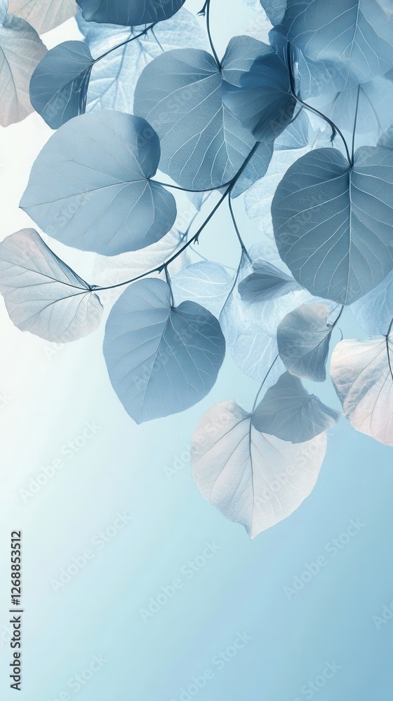 Poster soft pale blue leaves with silver highlights create a serene backdrop in a tranquil setting