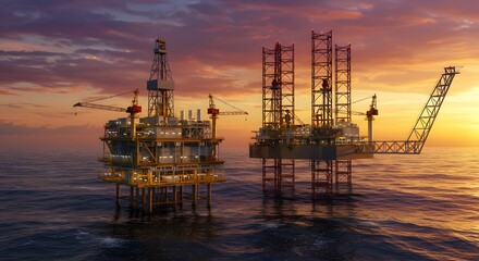 Obraz premium Offshore Oil Platforms at Sunset Industrial Energy Production in Ocean
