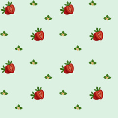 Seamless botanical pattern of strawberries and strawberry blossom with leaves on mint green background.