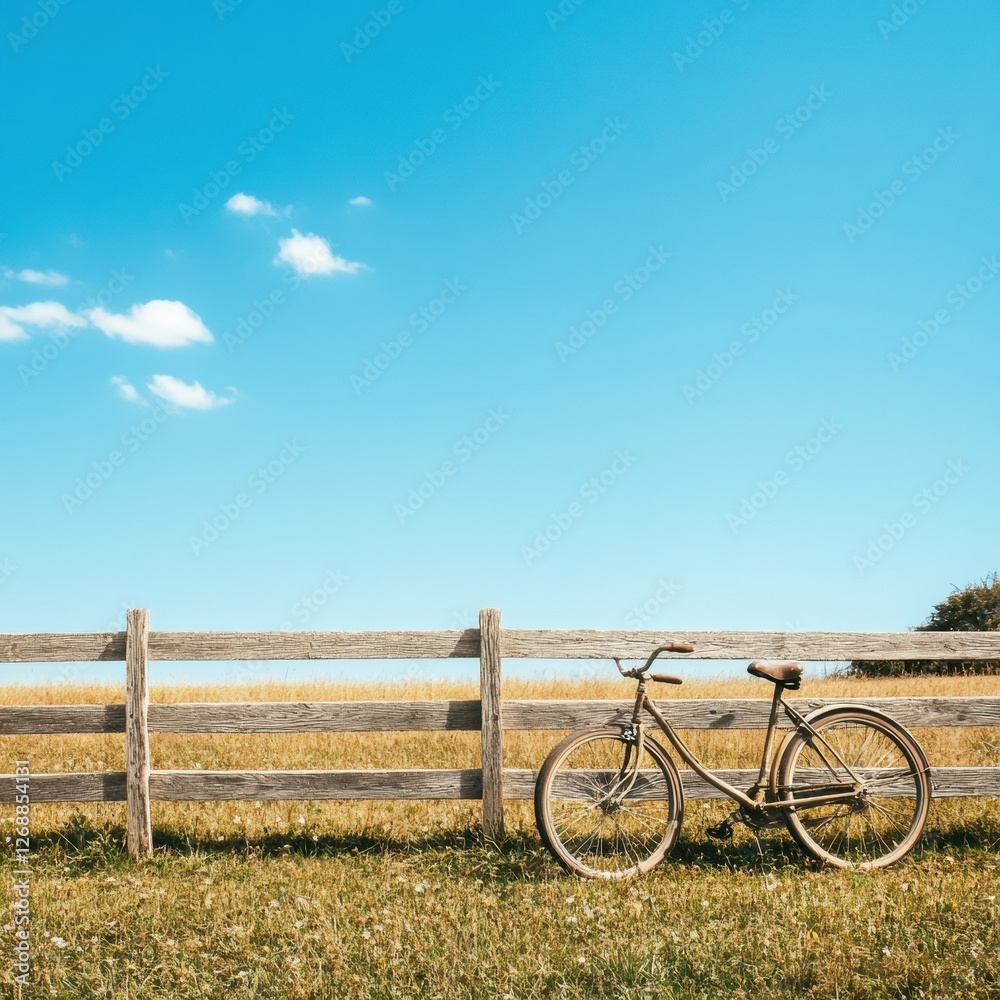 Poster bicycle resting against wooden fence under clear blue sky in open field during sunny day. generative