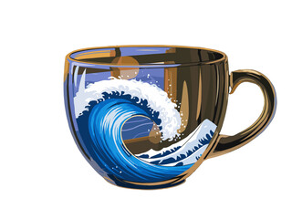 Creative coffee mug featuring a vibrant wave design with ocean elements in a cozy setting