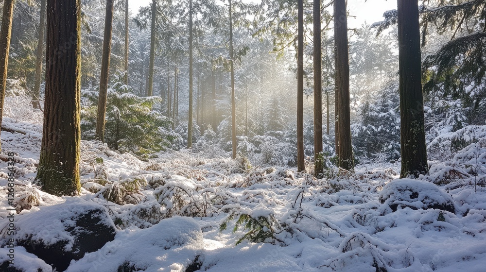 Poster snow-covered forest landscape with tall trees and gentle sunlight filtering through branches