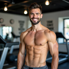 Muscular Man Smiling in Gym – Shirtless Fitness Model, Six-Pack Abs, Athletic Physique, Strength Training, Gym Interior, Workout Motivation, Bodybuilding, Confident Male Portrait