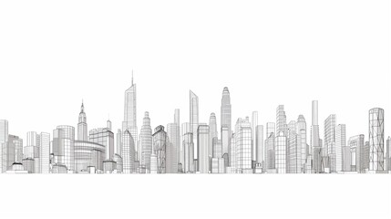 Fototapeta premium An abstract line art representation of a city skyline, featuring varying building heights and simple geometric shapes, isolated on white.