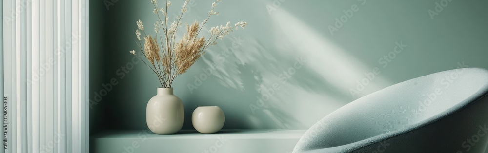 Poster Muted mint tones create calm ambiance with minimalist shapes and decorative objects accentuating the serene setting