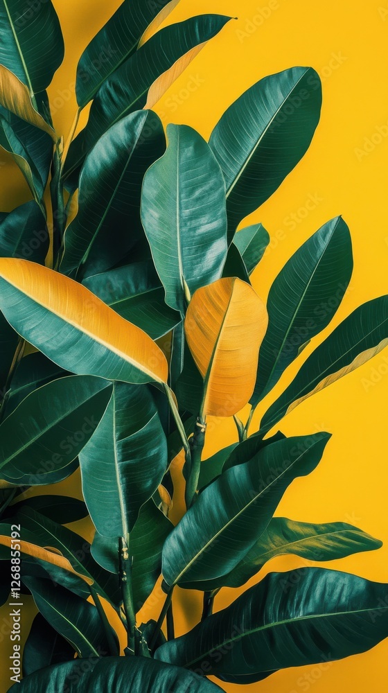 Poster vibrant display of emerald green leaves contrasted with bright yellow highlights in a botanical sett