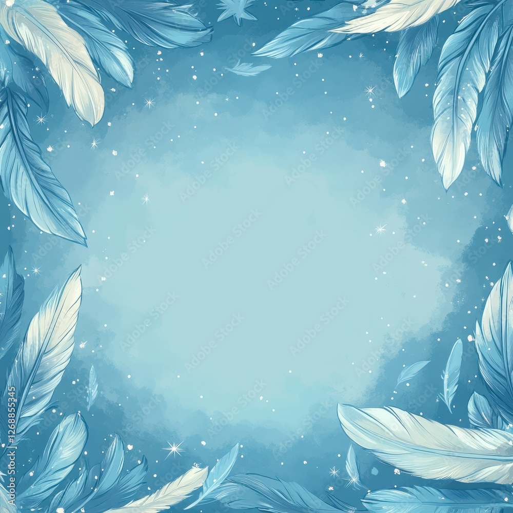 Aufkleber Floating feathers create a delicate border on a serene blue background with subtle sparkles and a calm atmosphere
