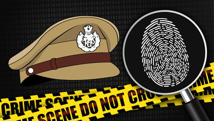 An Indian police cap placed prominently against a jail background, symbolizing law enforcement and...