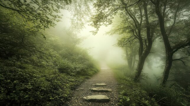 Forest background image showing a misty forest path leading into the distance, surrounded by tall trees and lush foliage