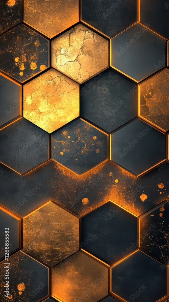 Poster geometric abstract background featuring hexagonal patterns in golden and dark tones with textured de
