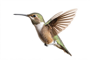 Fototapeta premium hummingbird in flight with green and brown feathers isolated on white background