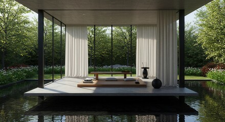 Modern Pavilion in Garden with Pond Reflecting Tranquil and Serene Setting