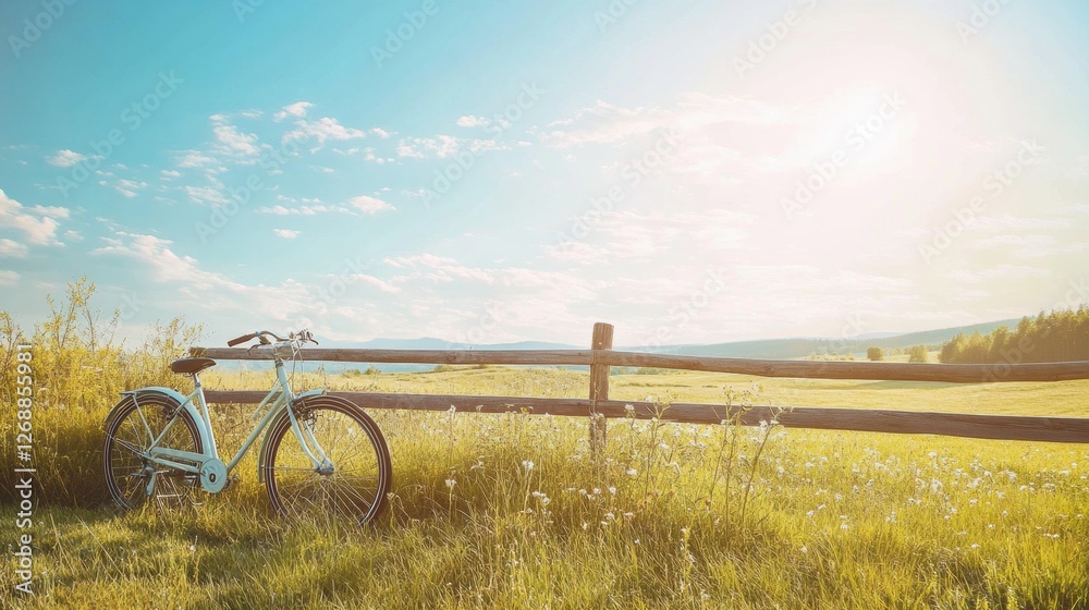 Aufkleber bicycle resting near a wooden fence in a sunny field during a clear day in springtime. generative ai
