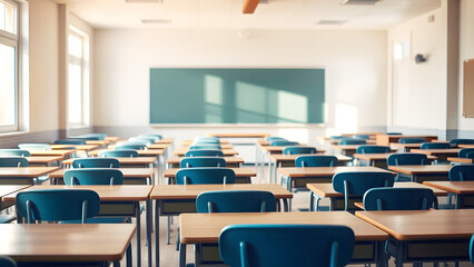 Empty modern classroom with rows of blue chairs and a blackboard, symbolizing education, learning, academic environment, and knowledge