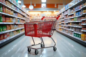 Supermarket aisle with empty red shopping cart