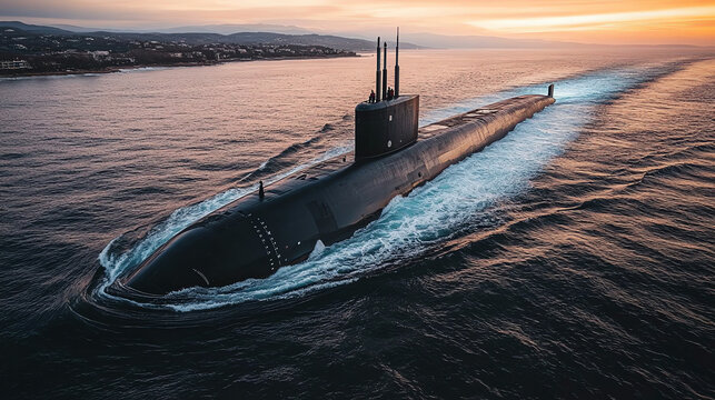 Military Submarine Sunset Ocean Vessel Navy Ship Sea Dark Blue Wake   