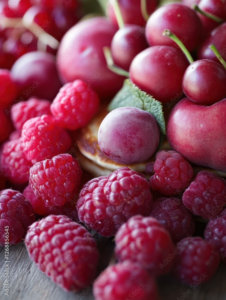 Poster fluffy pancakes stacked with fresh fruits like raspberries and cherries in a vibrant display in a co