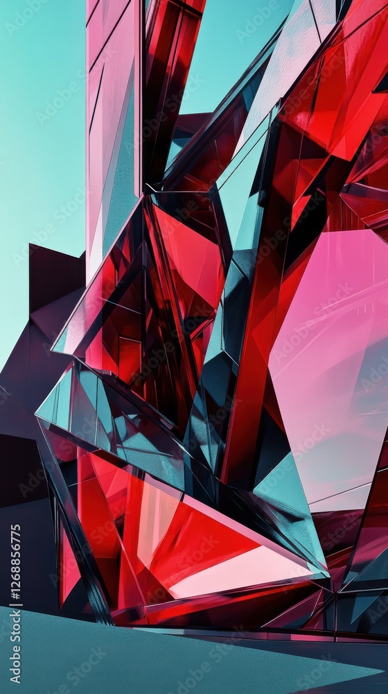 Poster Bold low-poly geometric design in striking magenta and blue hues with sharp angles and facets creating a dynamic visual experience