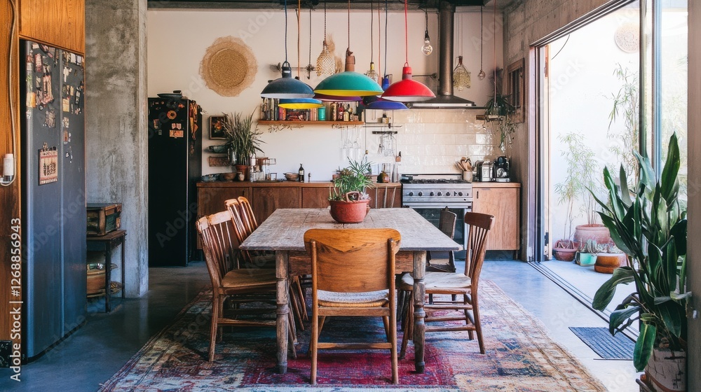 Aufkleber eclectic dining area featuring mismatched chairs and colorful pendant lights in a cozy open space