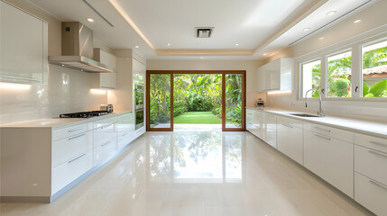 Fototapeta premium Modern white minimalist kitchen with glossy floors and sliding glass doors opening to a lush green garden during daytime.