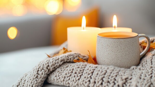 Cozy autumnal tea with candles, warm knit blanket