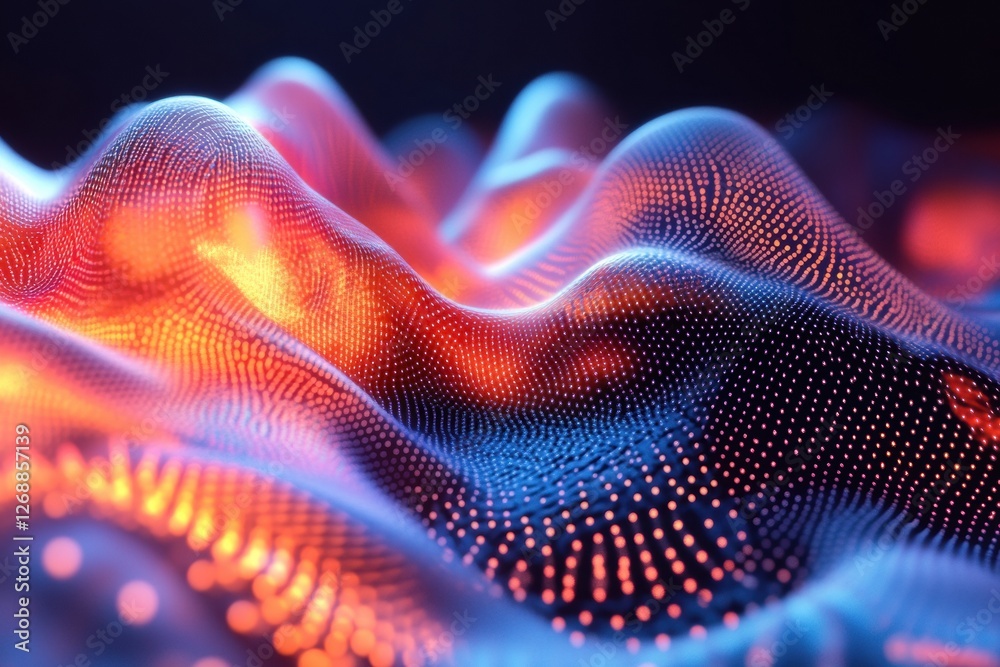 Poster illuminated waves form a captivating digital landscape, showcasing a blend of blue and orange hues, 