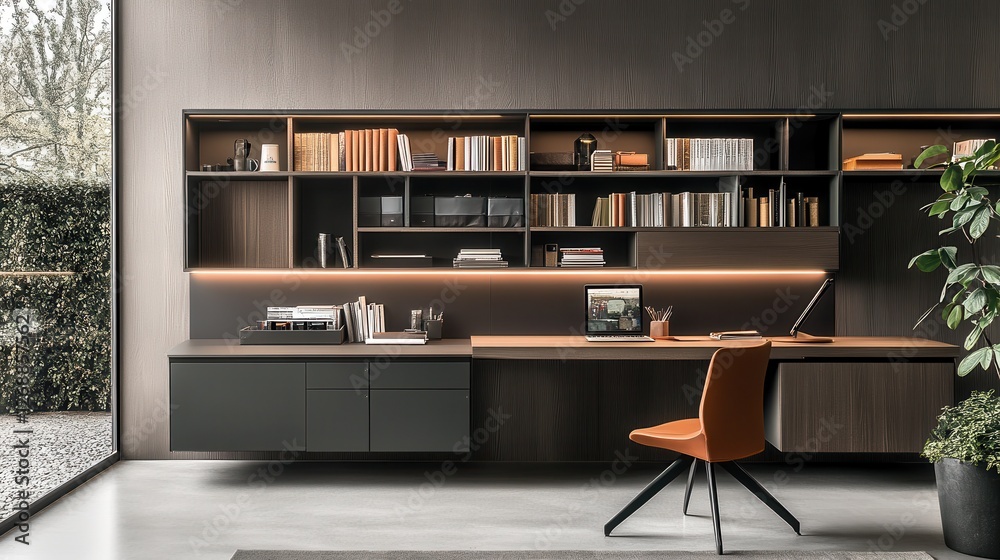 Aufkleber workspace with organized floating shelves and modern desk design featuring warm tones and natural li