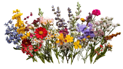 Colorful wildflower bouquet blooming on transparent background