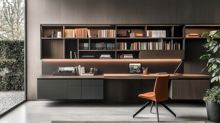 Workspace with organized floating shelves and modern desk design featuring warm tones and natural lighting