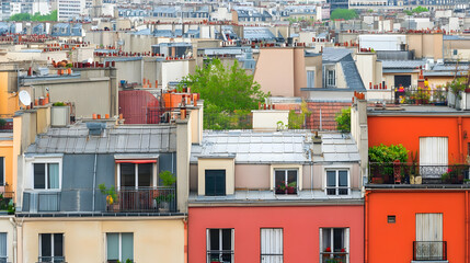 Parisian rooftops, cityscape view, dense housing, aerial perspective, urban texture