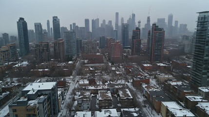 Snowy city aerial view, winter cityscape background, urban development